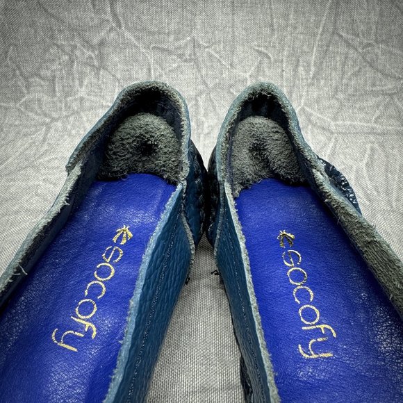 Socofy Handcrafted Blue Leather Flower Slip Ons 235 / US 6 - Picture 4 of 11